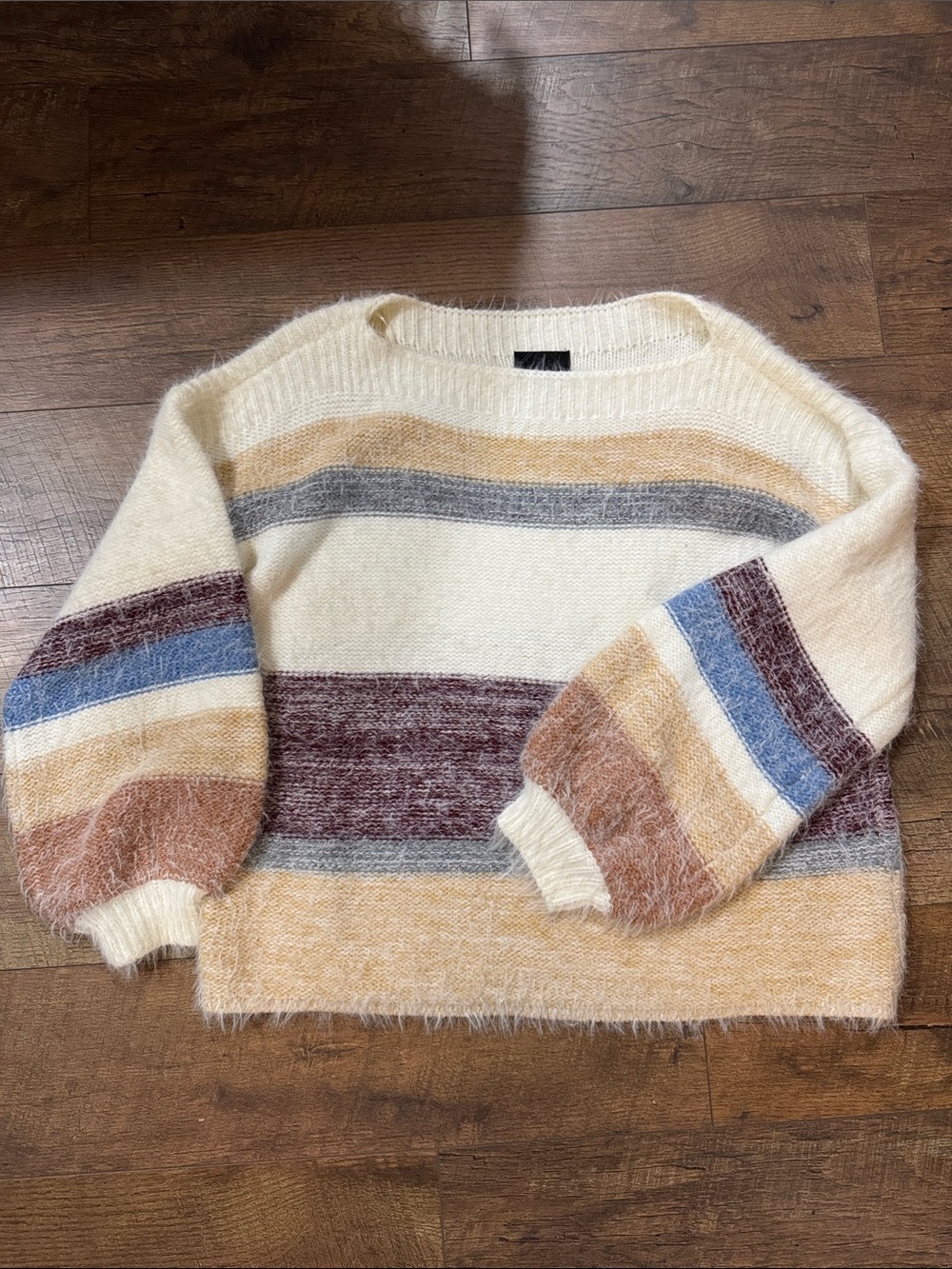 Buckle Cream Multi-Stripe Fuzzy Crewneck Sweater
